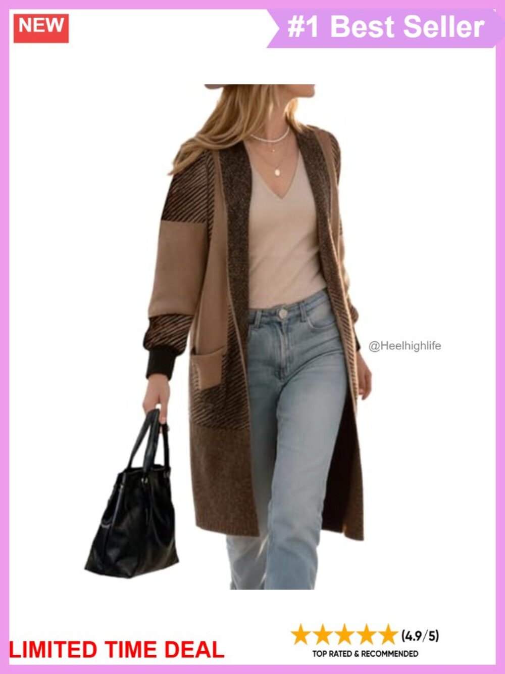 Chunky Knit Open Front Long Cardigan Sweater Color Block V-Neck